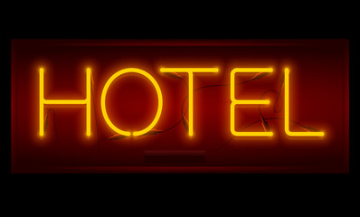 Realistic neon Hotel inscription. Glowing font. Vector illustration.