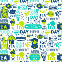 Seamless background with drink and food symbols.