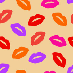 simless pattern. Image of bright colored lips on a yellowish background located in the scatter.