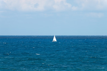 Peaceful ocean landscape with a white yacht afar off.