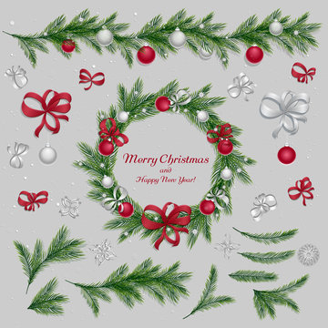 Set of christmas decorations: balls, ribbons, stars and abstract elements. Christmas wreath. Christmas pine twigs and spruce branches. Christmas border. Red and silver colors. Vector, EPS 10.