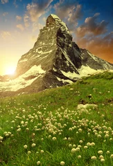 Schapenvacht deken met patroon Matterhorn Uitzicht op de Matterhorn bij zonsondergang - Zwitserse Alpen