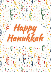 Happy Hanukkah card with exploding party popper, colorful serpentine and confetti on background
