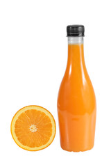 Orange fruit with Orange juice in a bottle isolated on white