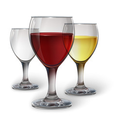 Glass wine glass with red wine, white wine, cider. A realistic, transparent, vector.
