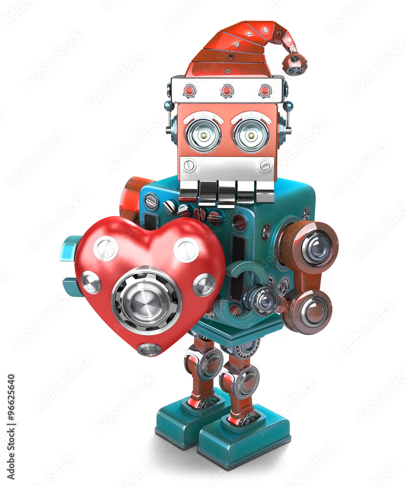 Poster retro santa robot with mechanical heart. isolated. contains clipping path