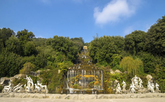 Caserta Royal Palace ,statues and great waterfall  in the gardens of the Palace, Italy