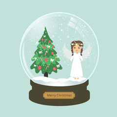 christmas snow globe with christmas angel and fir-tree