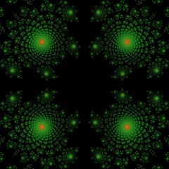 Green and orange fractal ornaments in dark green background. Generated fractal graphics.