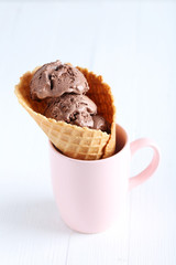 Waffle cone with chocolate ice cream on wooden table