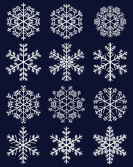 Set of different white snowflakes on a blue background, vector illustration