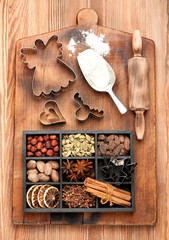 Christmas baking ingredients. Flour, spices, spicy. Top view