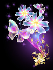 Fototapeta na wymiar Neon butterflies and transparent daisy