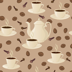 Obraz premium Seamless pattern with coffee pot, cups and coffee beans.