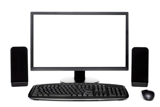 Black desktop computer set over white background