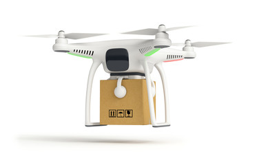 Drone delivers a parcel in front of the house