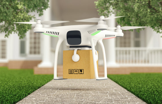 Drone delivers a parcel in front of the house