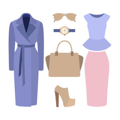 Set of  trendy women's clothes. Outfit of woman coat, skirt, peplum top and accessories. Women's wardrobe. Vector illustration