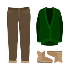 Set of  trendy women's clothes. Outfit of woman jeans, cardigan and ugg boots. Women's wardrobe. Vector illustration