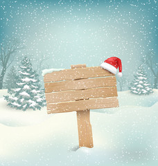 Winter Background with Wooden Signpost and Santa Hat