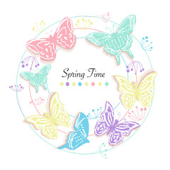 Fototapeta na wymiar Butterfly and flowers circle abstract spring time greeting card vector background
