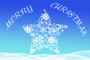 Merry Christmas greeting written above big star shaped from snowflakes