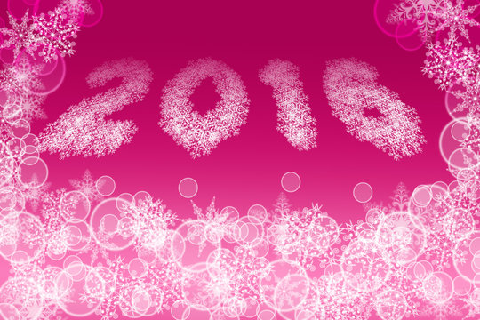 2016 image shaped from little snowflakes on bright raspberry background