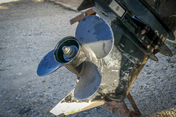 Close up of an outboard engine propeller. Outboard motor is a propulsion system for boats