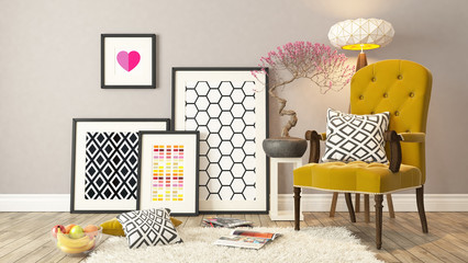 Black picture frames decor with yellow bergere, background, temp