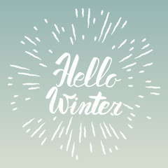 Hello winter text. Vector Brush lettering Hello Winter. Vector card design with custom calligraphy. Winter season cards, greetings for social media.