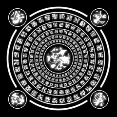White magic aged runes circle on black background
