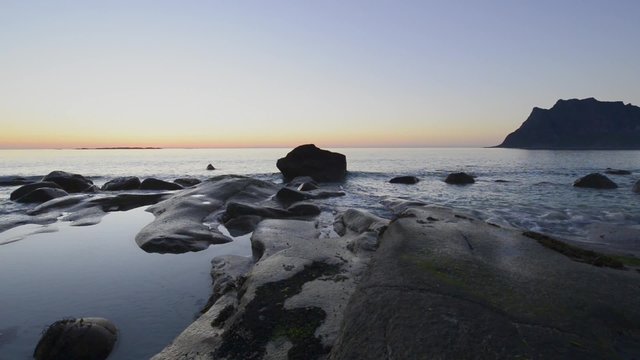 Sundown on Utakleiv beach, Vestvag Island, Lofoten Archipelag