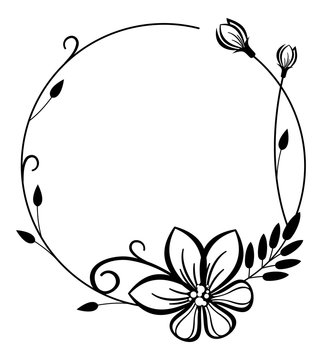 Round black and white frame with flowers
