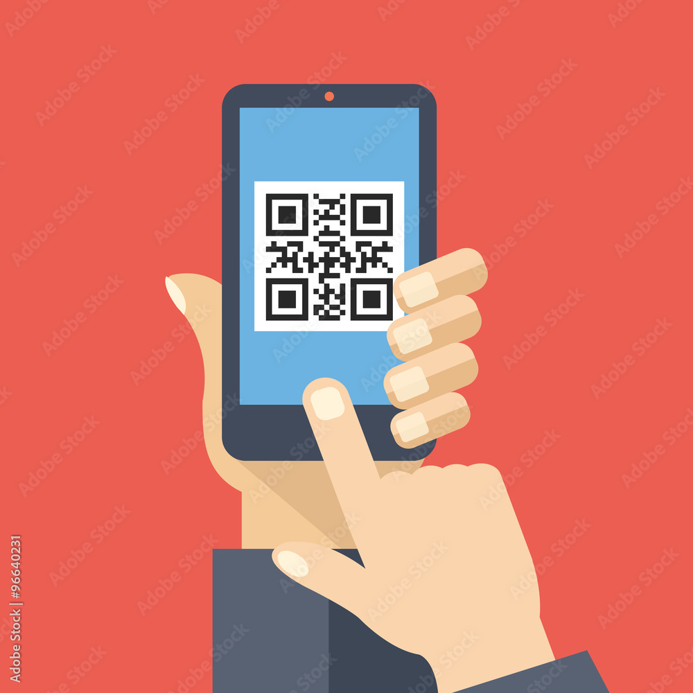 Poster qr code reader app on smartphone screen. scan qr code. creative flat design vector illustration