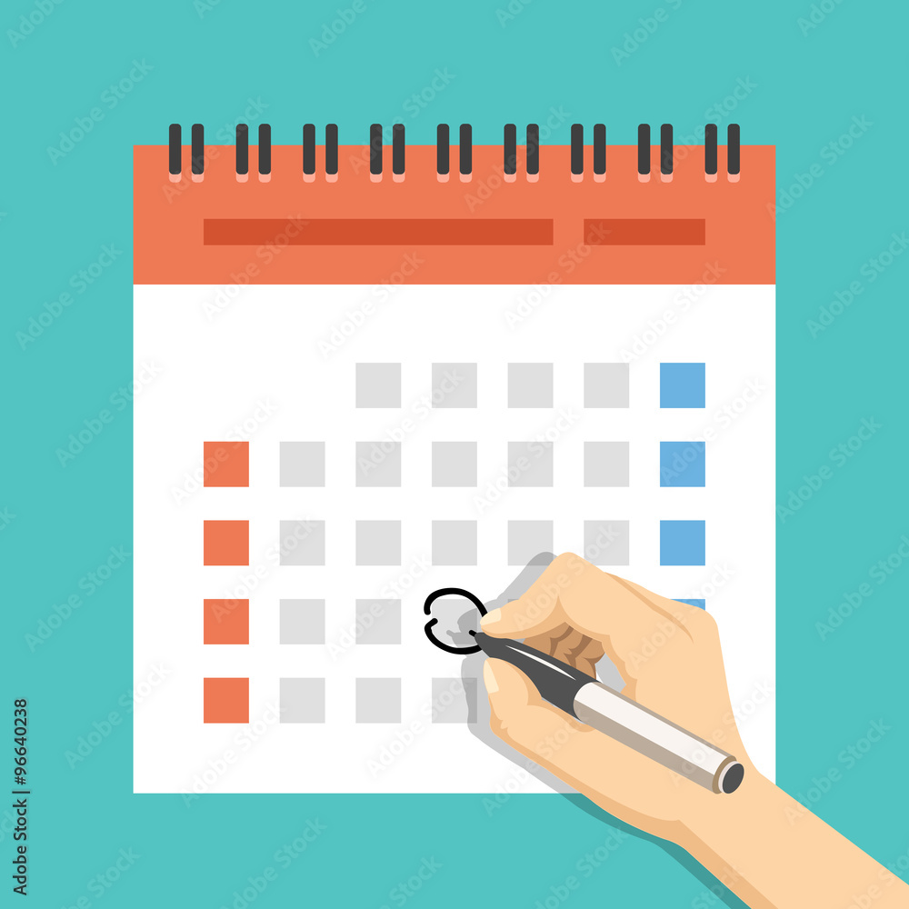 Poster hand with pen mark calendar. us version with week started on sunday. flat vector illustration