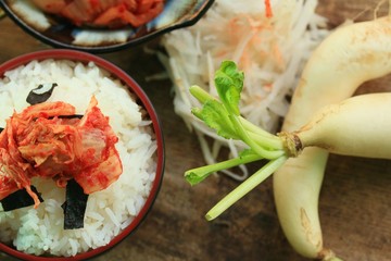 Kimchi radish with steamed rice