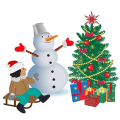 Smiling snowman with gifts and Christmas tree, vector illustration