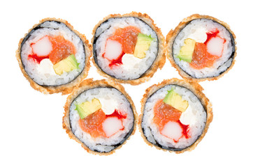 Deep-fried Japanese roll with crab meat, salmon, avocado, caviar