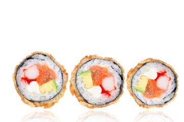 Deep-fried Japanese roll with crab meat, salmon, avocado, caviar