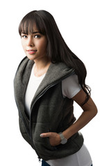 Happy Beautiful Woman,Trendy Woman in Sleeveless Jacket and Jean, isolated on white with clipping...