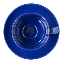 empty dark blue cup and saucer top view isolated on white
