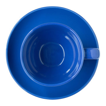 empty blue cup and saucer top view isolated on white