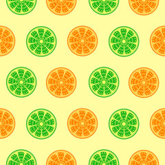 Seamless fruits vector pattern, bright colorful background with oranges and limes over light backdrop