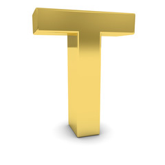 Gold 3D Uppercase Letter T Isolated on white with shadows