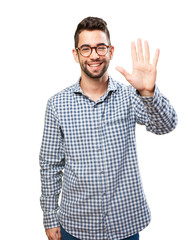 Naklejka premium student man doing number five