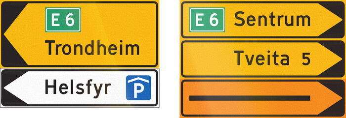 Composite of Norwegian highway direction signs with destinations