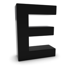 Black 3D Uppercase Letter E Isolated on white with shadows