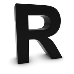 Black 3D Uppercase Letter R Isolated on white with shadows
