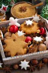 wooden box with assorted Christmas cookies, spices 
