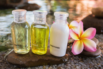 Mini set of bubble bath and shower gel decorated in zen style